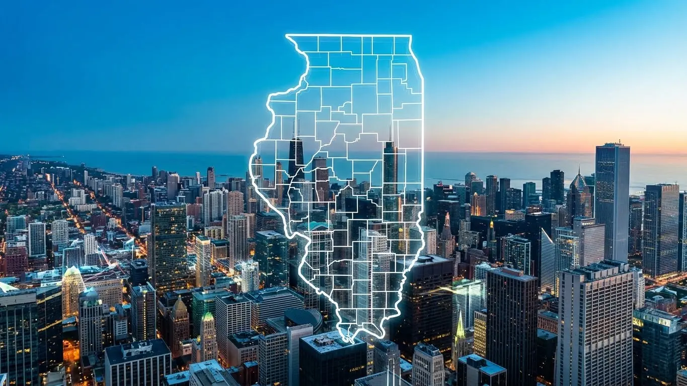 A city skyline at sunset with an outlined map of Illinois and its counties overlaid, highlighting aspects of homeschooling in Illinois. Uploaded on aifreeforever.com