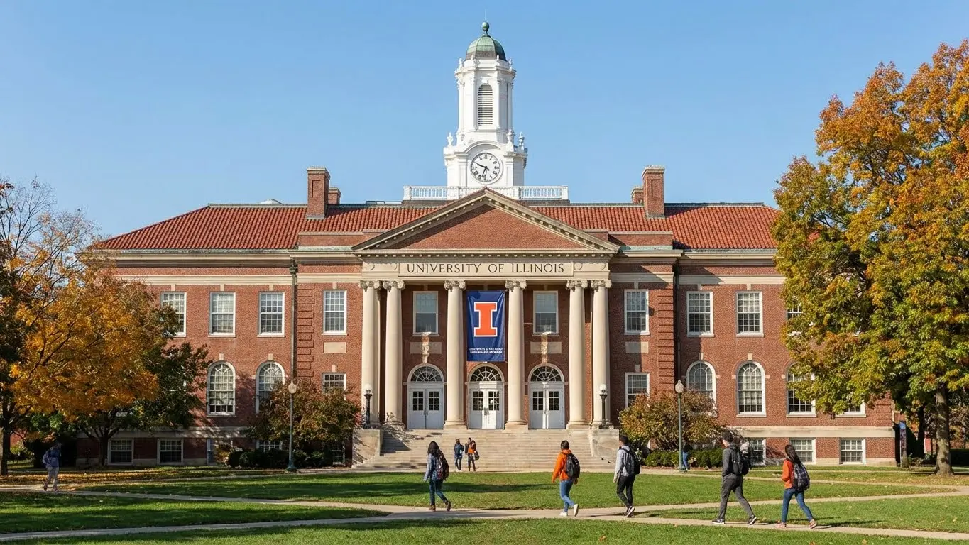 A group of students walk in front of a large brick building with columns and a clock tower at the University of Illinois on a sunny day, where discussions about homeschooling in Illinois and related laws are part of campus life. Uploaded on aifreeforever.com