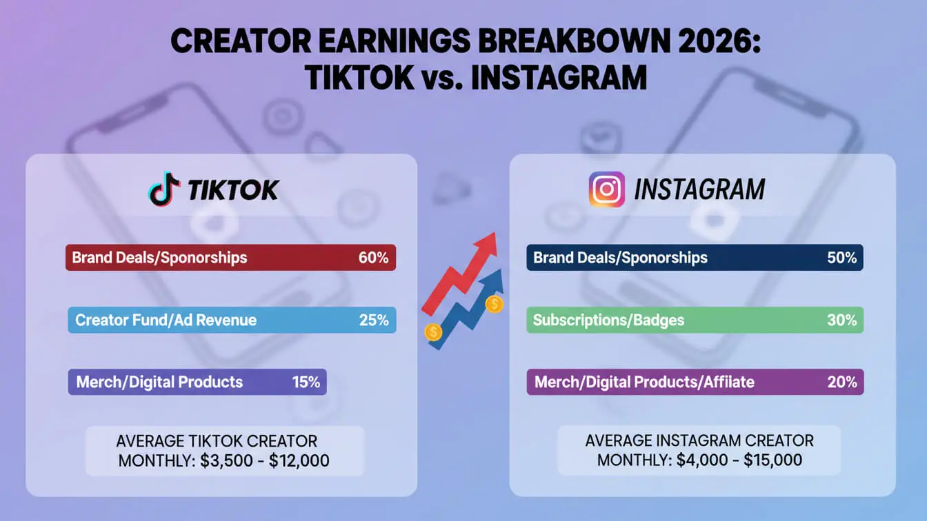 Infographic comparing 2024 TikTok Videos and Instagram Reels creator income sources and averages, showing TikTok relies more on sponsorships, while Instagram includes subscriptions and higher earnings. Insights may shape trends into 2026. Uploaded on aifreeforever.com