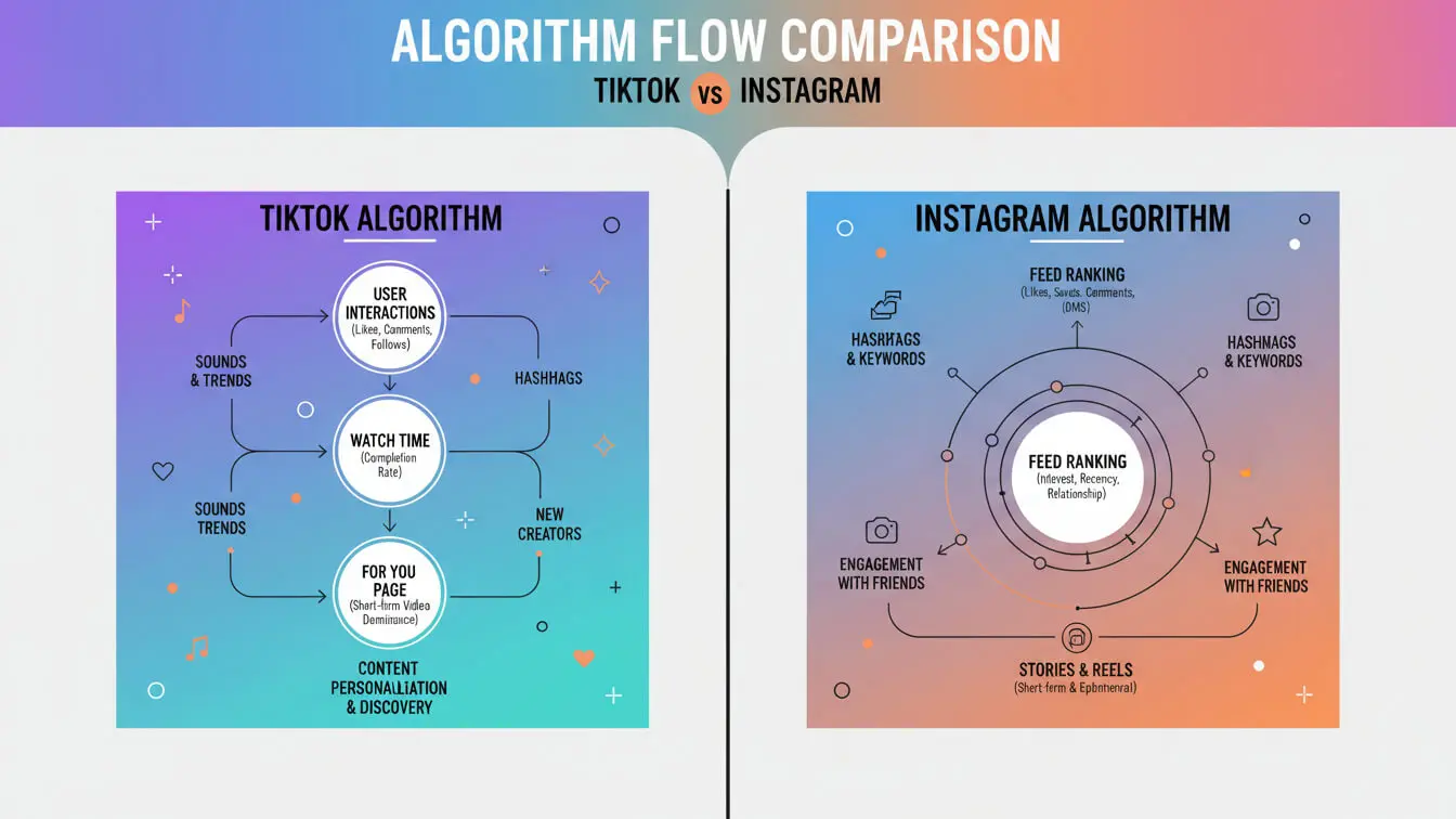 Side-by-side flowcharts compare TikTok Videos and Instagram Reels algorithms, highlighting factors like user interactions, content, hashtags, feed ranking, and content discovery for each platform as of 2026. Uploaded on aifreeforever.com
