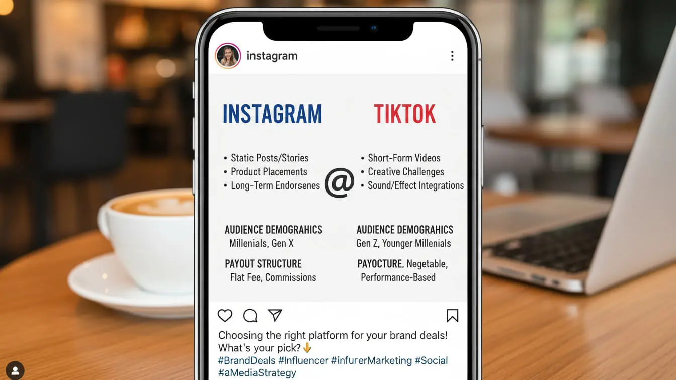 A smartphone displays an Instagram post comparing Instagram Reels, TikTok Videos, audience demographics, and pay structure; a laptop and coffee cup are in the background, hinting at trends to watch for creators in 2026. Uploaded on aifreeforever.com