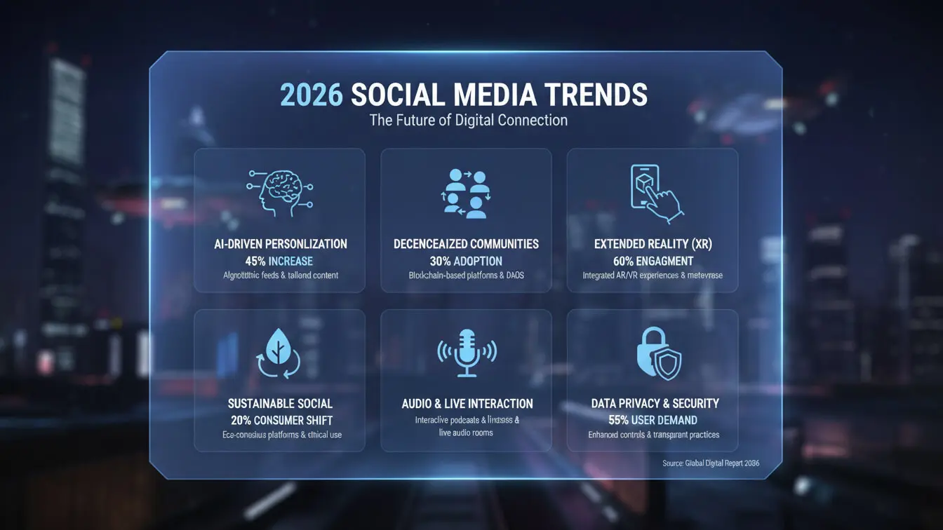 Infographic titled 2026 Social Media Trends outlining six trends: AI-driven personalization, decentralized communities, extended reality, sustainable social, audio interaction, and data privacy shaping TikTok Videos and Instagram Reels. Uploaded on aifreeforever.com