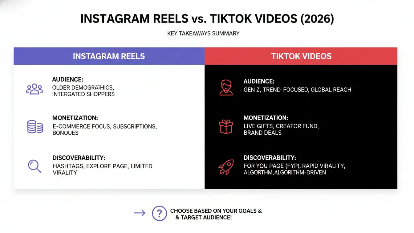Comparison chart of Instagram Reels and TikTok Videos, summarizing audience, monetization, and discoverability features for each platform in 2026. Uploaded on aifreeforever.com