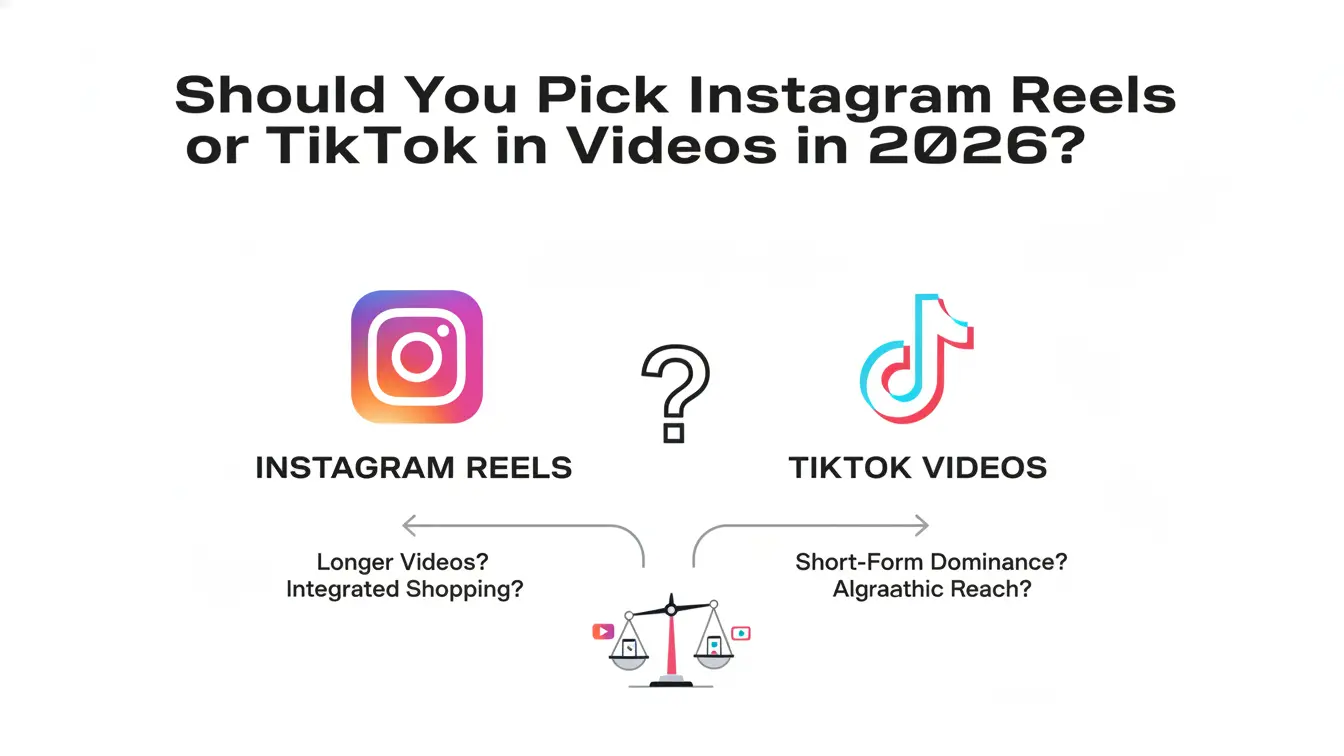 A graphic compares TikTok Videos and Instagram Reels for 2026, highlighting questions about video length, shopping features, platform dominance, and algorithmic reach. Uploaded on aifreeforever.com