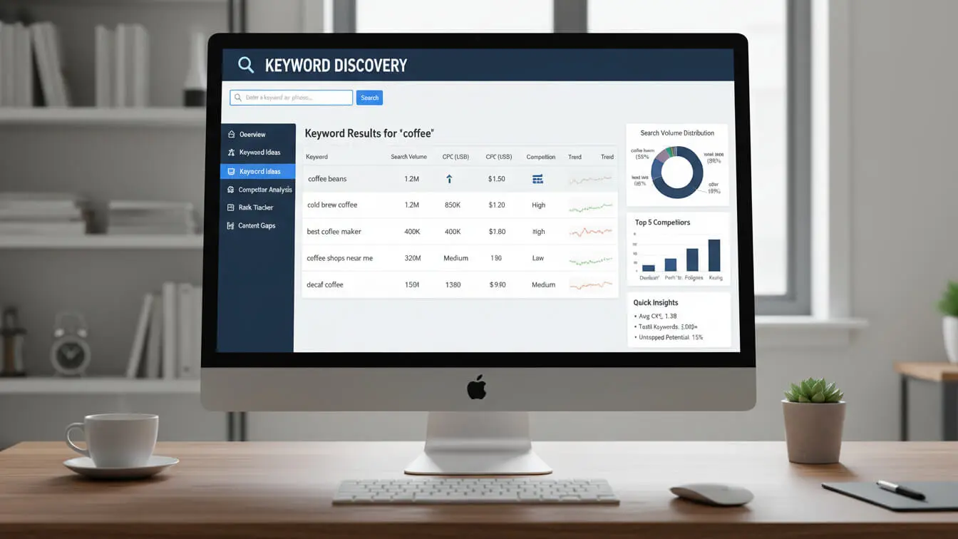 A computer monitor displays an SEO Article writing keyword discovery tool with search data for coffee, including keyword stats, graphs, and a pie chart, on a desk with a plant and notebook. Uploaded on aifreeforever.com
