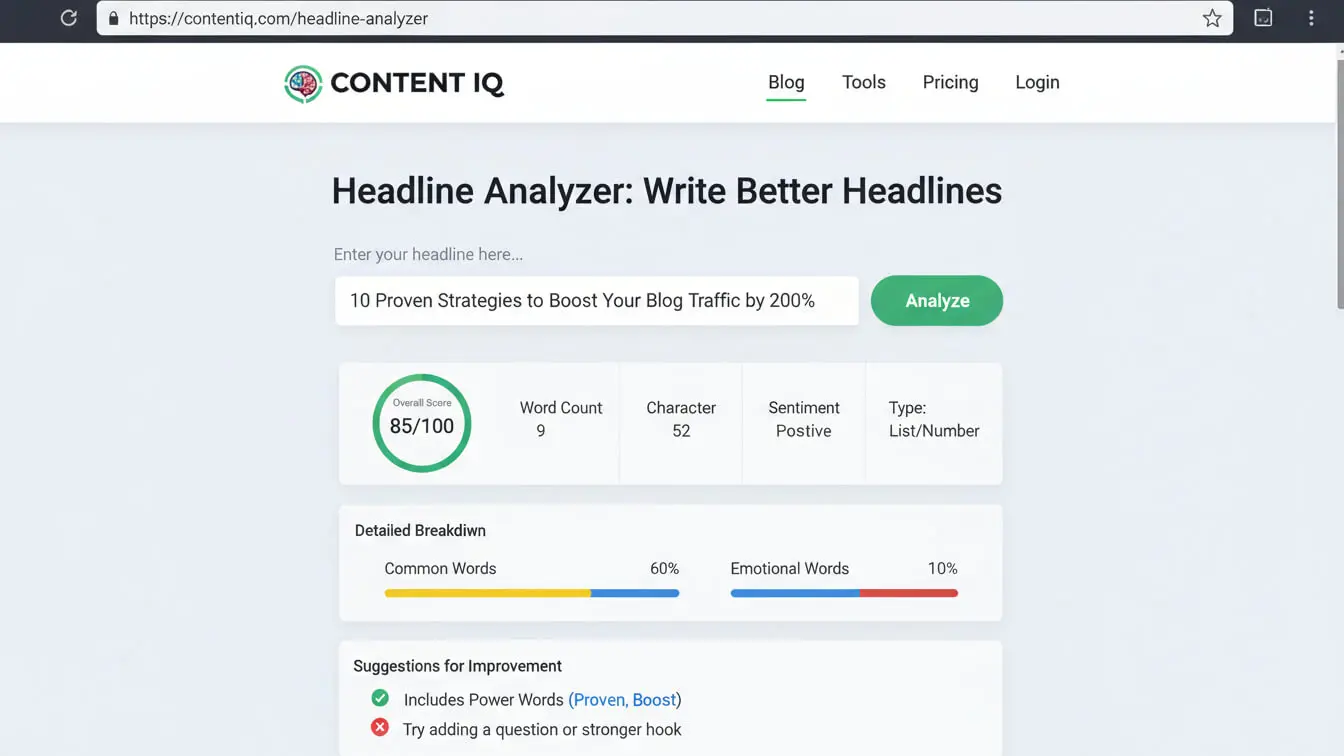 Screenshot of Content IQ’s Headline Analyzer tool showing a headline score of 85/100—plus word count, character count, sentiment, type, and SEO Article structure suggestions for improvement. Perfect for 2026 SEO Article writing strategies. Uploaded on aifreeforever.com
