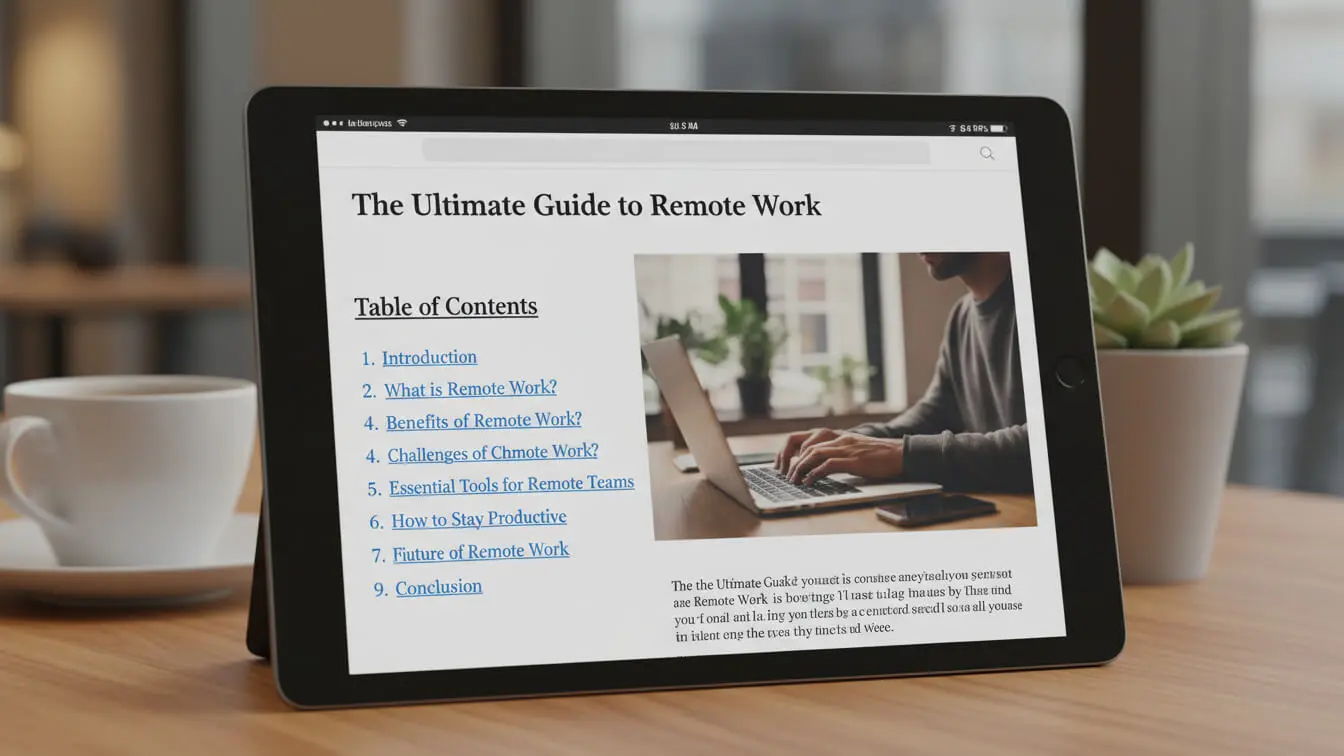 A tablet displays an article titled “The Ultimate Guide to Remote Work,” highlighting effective article structure for SEO Article writing, with a visible table of contents and a person typing on a laptop in the header image. Uploaded on aifreeforever.com