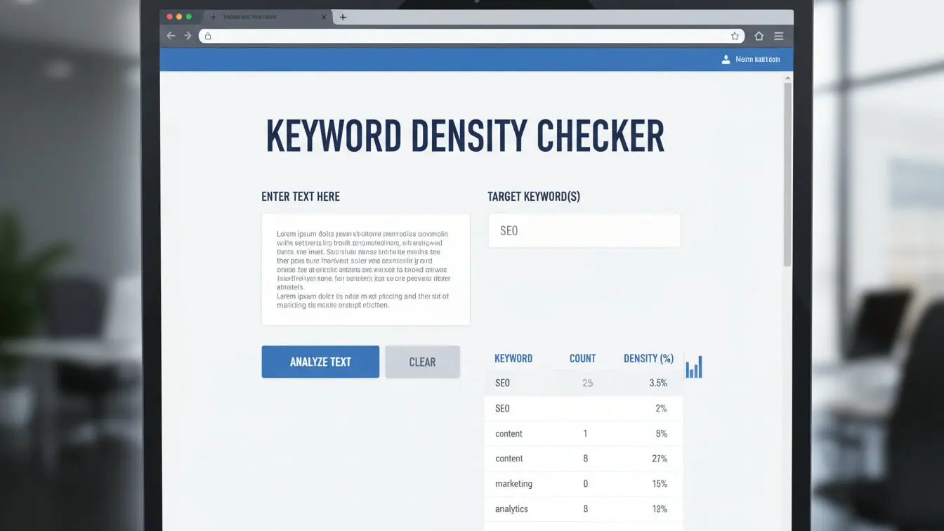 A computer screen displays a keyword density checker tool, essential for SEO article writing structure in 2026, showing input fields, an analyze text button, and a table summarizing keyword counts and density percentages. Uploaded on aifreeforever.com