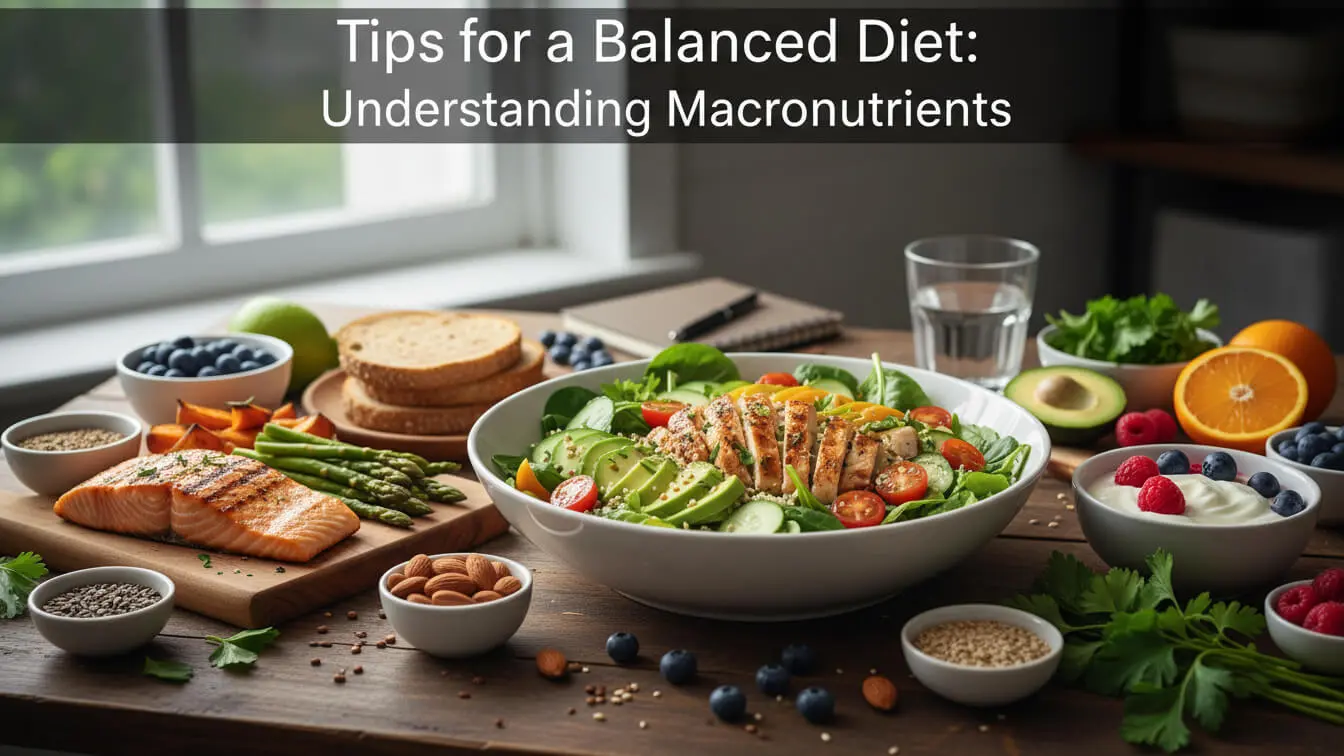 A table with a salad bowl, grilled salmon, whole grain bread, fruits, nuts, yogurt, and vegetables illustrates a balanced diet with various macronutrients—perfect for a 2026 SEO Article focused on healthy eating trends. Uploaded on aifreeforever.com