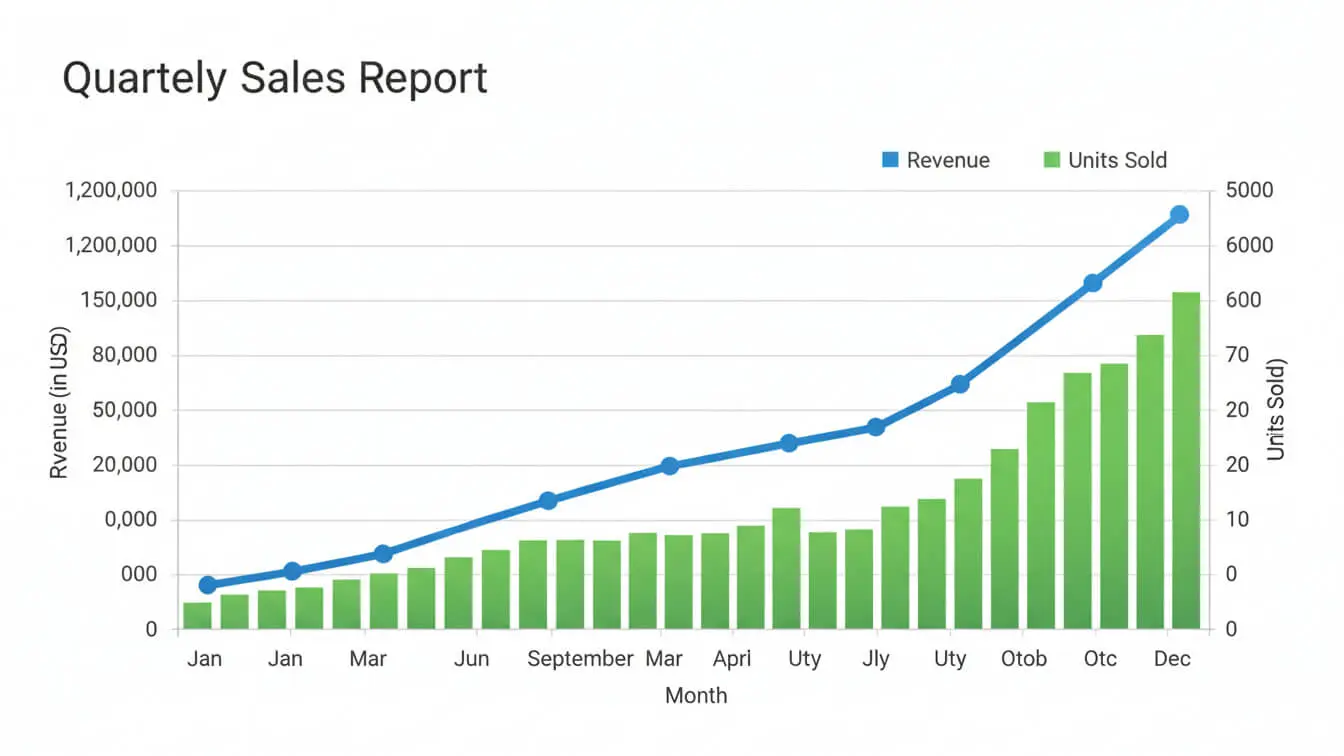 A line and bar graph titled Quarterly Sales Report illustrates monthly increases in revenue and units sold, both peaking in December, highlighting trends ideal for SEO Article writing and content planning into 2026. Uploaded on aifreeforever.com