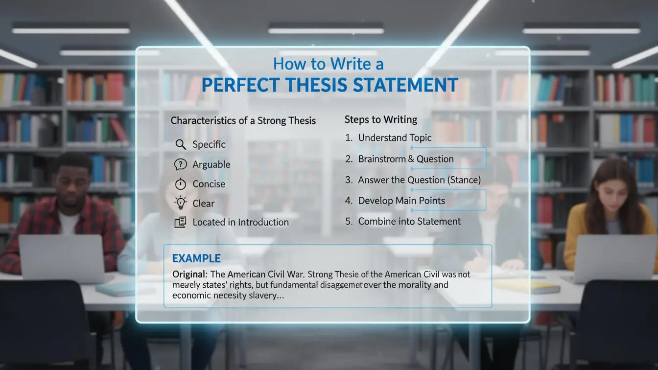 A guide on how to write a perfect Thesis Statement is displayed on a transparent board in a library, with steps, characteristics, and examples listed, while two people sit at desks in the background. Uploaded on aifreeforever.com
