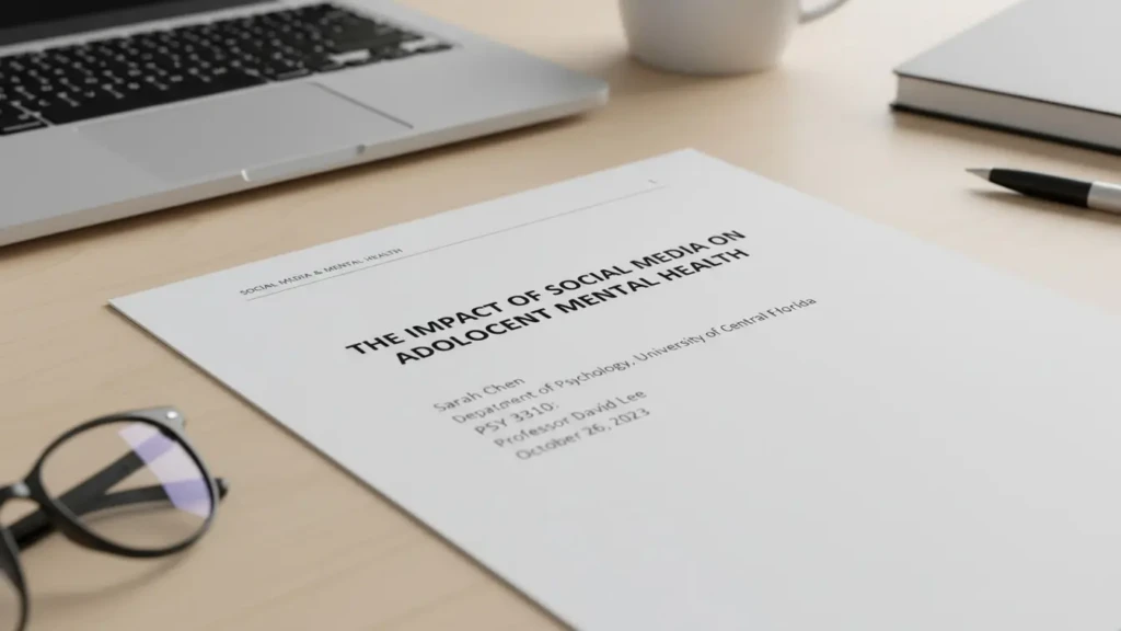 A printed research paper in APA format titled The Impact of Social Media on Adolescent Mental Health is on a desk beside a laptop and notepad. Uploaded on aifreeforever.com