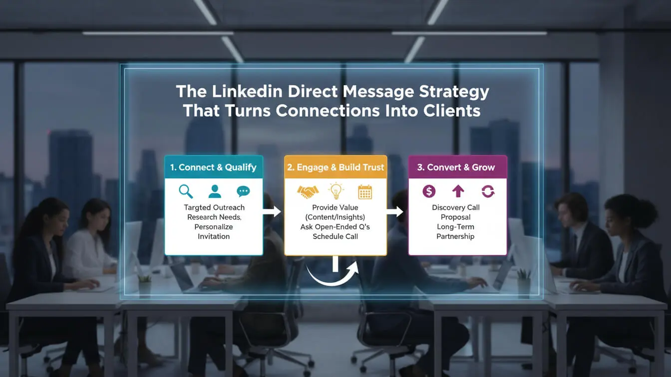 Infographic showing a three-step LinkedIn direct message strategy: Connect & Qualify, Engage & Build Trust, and Convert & Grow to help turn LinkedIn connections into clients, with bullet points under each step. Uploaded on aifreeforever.com