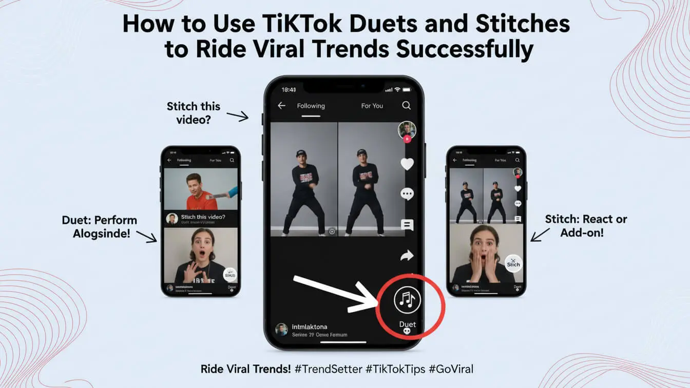 A guide showing three smartphone screens demonstrating TikTok Duets and Stitch features, with examples of performing alongside or reacting to another user's video—perfect for exploring viral trends. Uploaded on aifreeforever.com