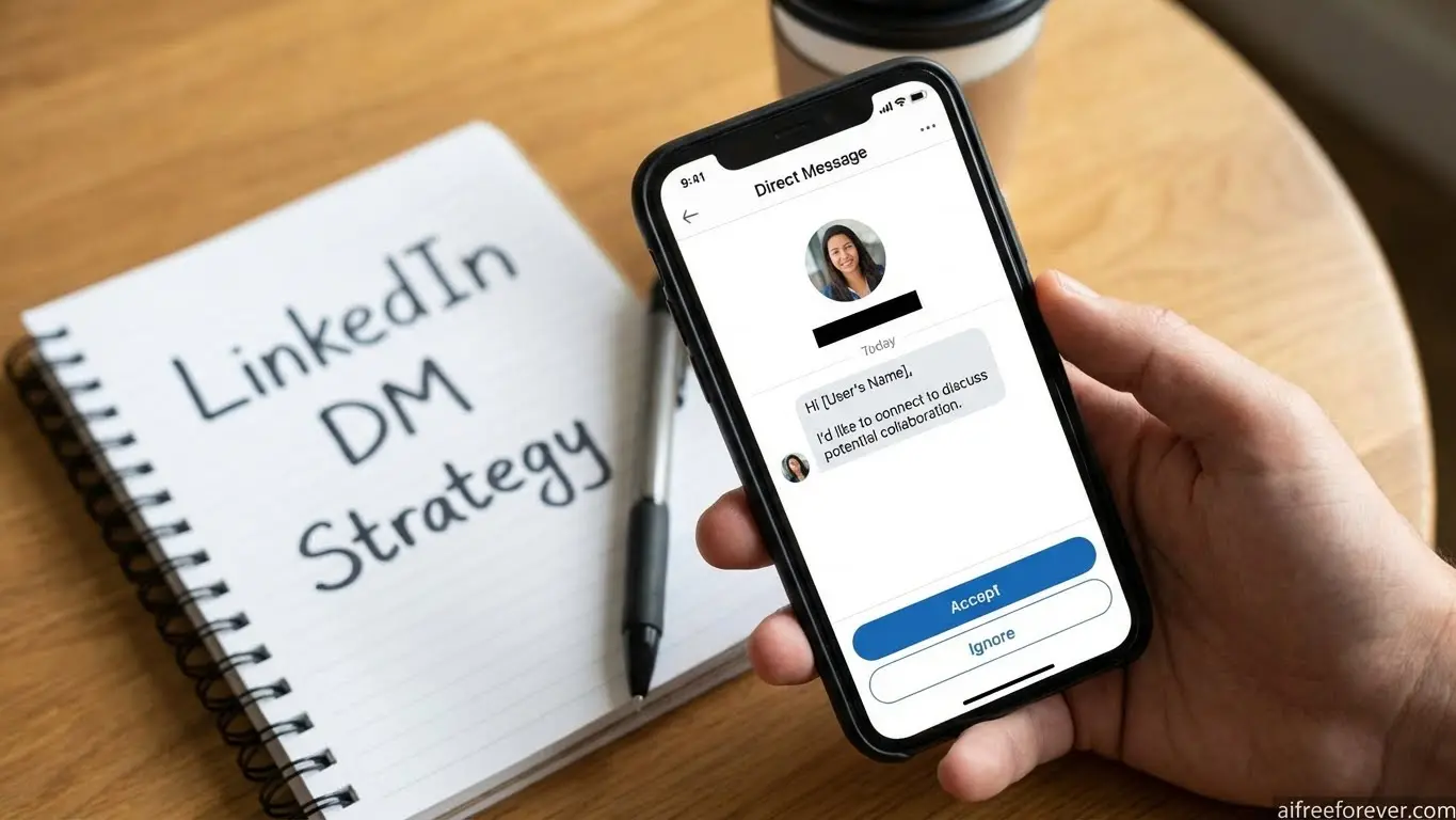 A hand holds a smartphone displaying a LinkedIn Direct Message connection request, with a notebook labeled LinkedIn DM Strategy on the table in the background. Uploaded on aifreeforever.com