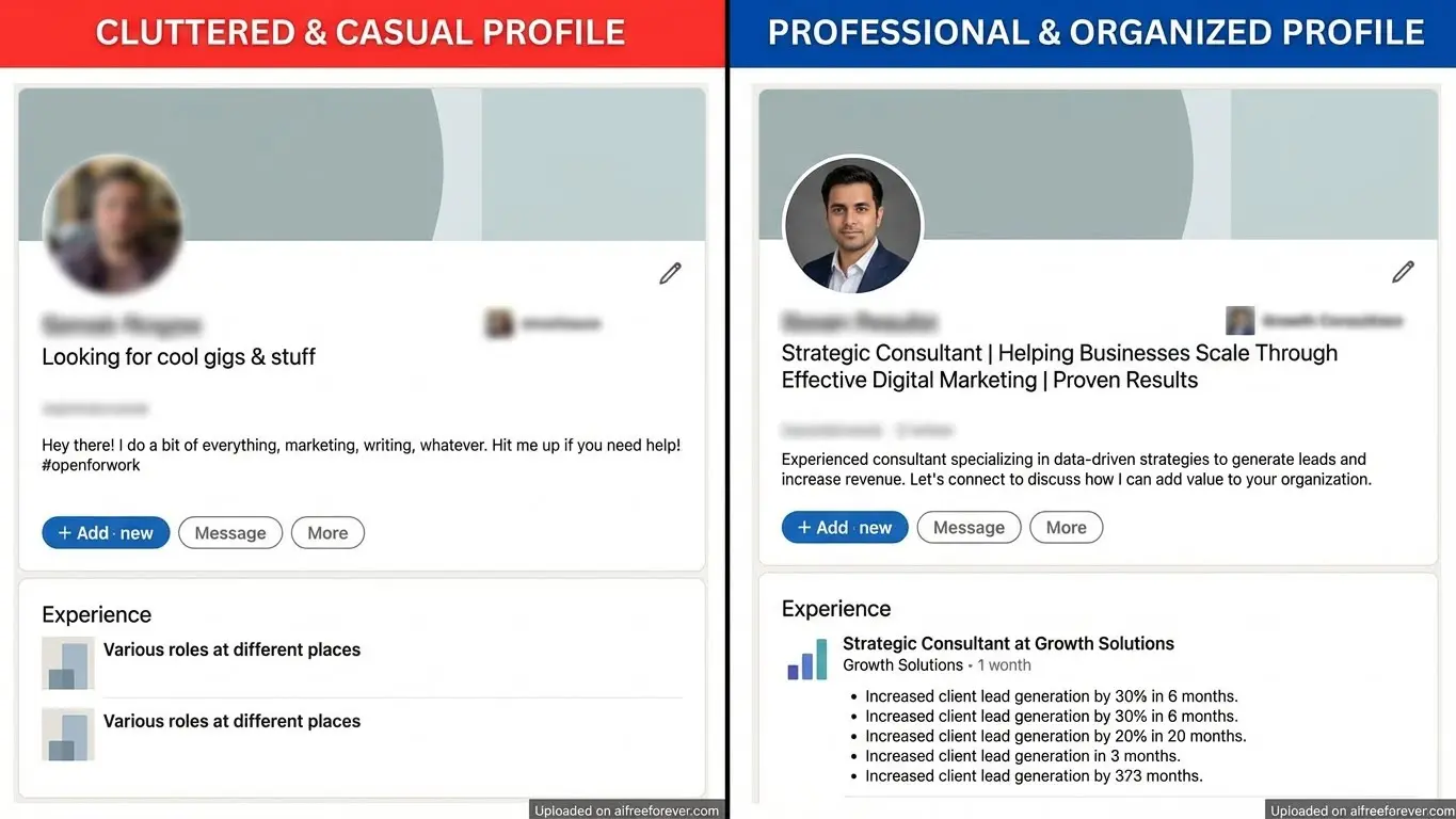 Side-by-side comparison of a cluttered LinkedIn profile with casual language versus a professional, well-organized profile that demonstrates an effective LinkedIn strategy for attracting potential LinkedIn clients. Uploaded on aifreeforever.com