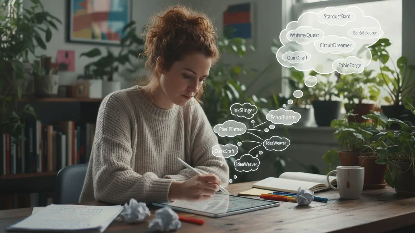 A woman sits at a desk drawing in a notebook, surrounded by crumpled papers, with floating thought bubbles showing various Twitch name ideas and creative options for female streamers. Uploaded on aifreeforever.com