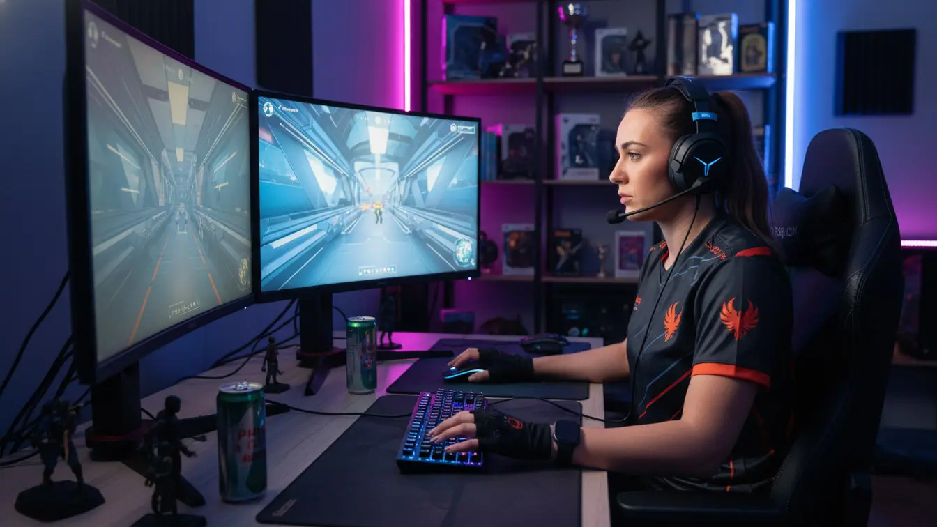 A female streamer in a gaming jersey and headset plays a video game on dual monitors at her neon-lit desk, surrounded by energy drinks—perfect inspiration for creative Twitch name ideas. Uploaded on aifreeforever.com