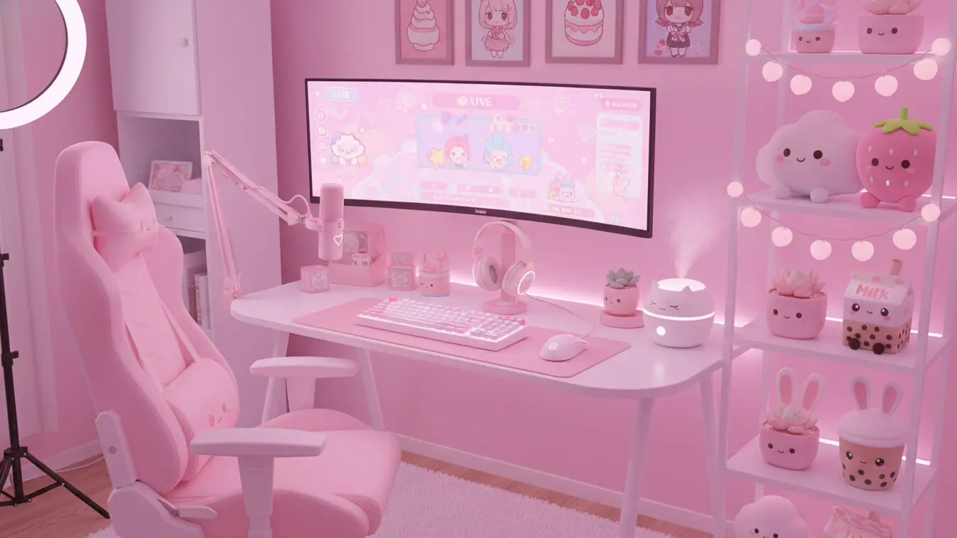 A pastel pink gaming setup with a curved monitor, gaming chair, and plush toys is perfect for female streamers seeking creative options and Twitch name ideas to make their streaming space uniquely their own. Uploaded on aifreeforever.com