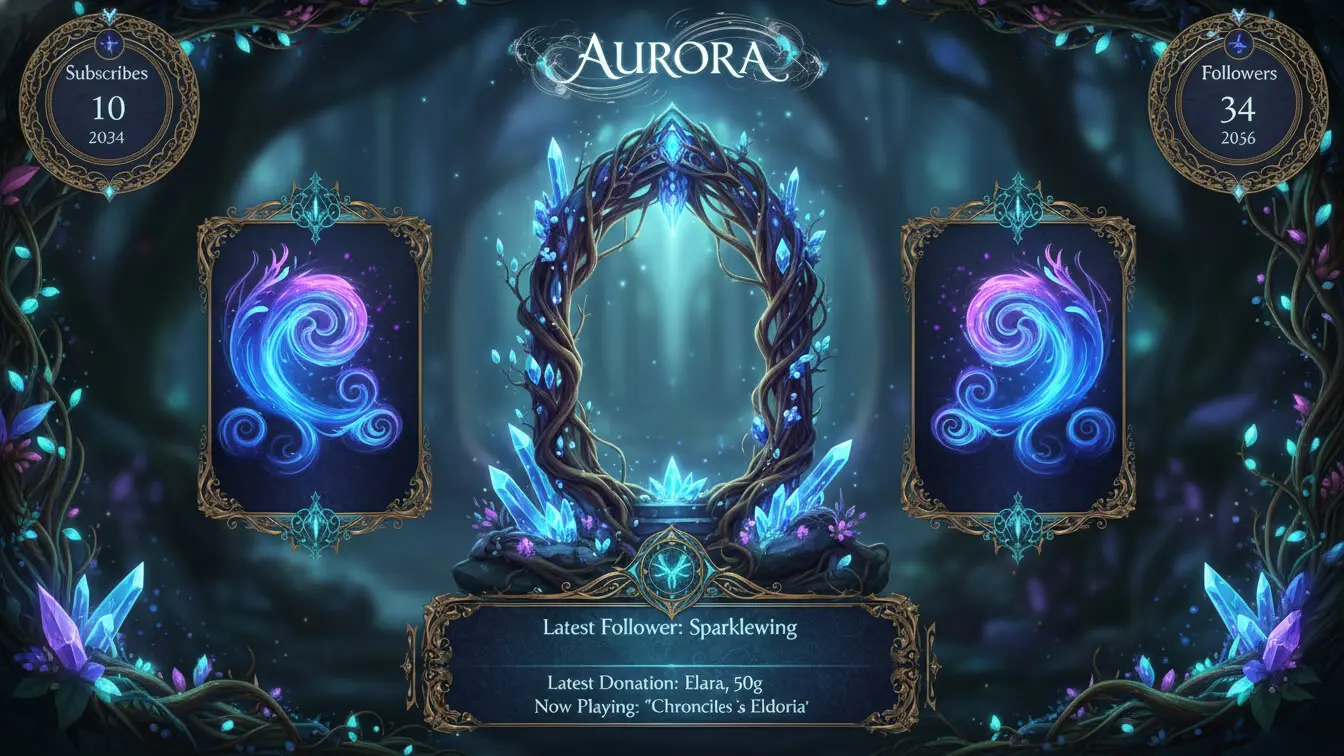 Fantasy-themed Twitch overlay with glowing crystal decorations, user stats, animated panels, and ornate frames in a mystical forest setting—perfect for female streamers seeking creative options to enhance their channel’s unique vibe. Uploaded on aifreeforever.com