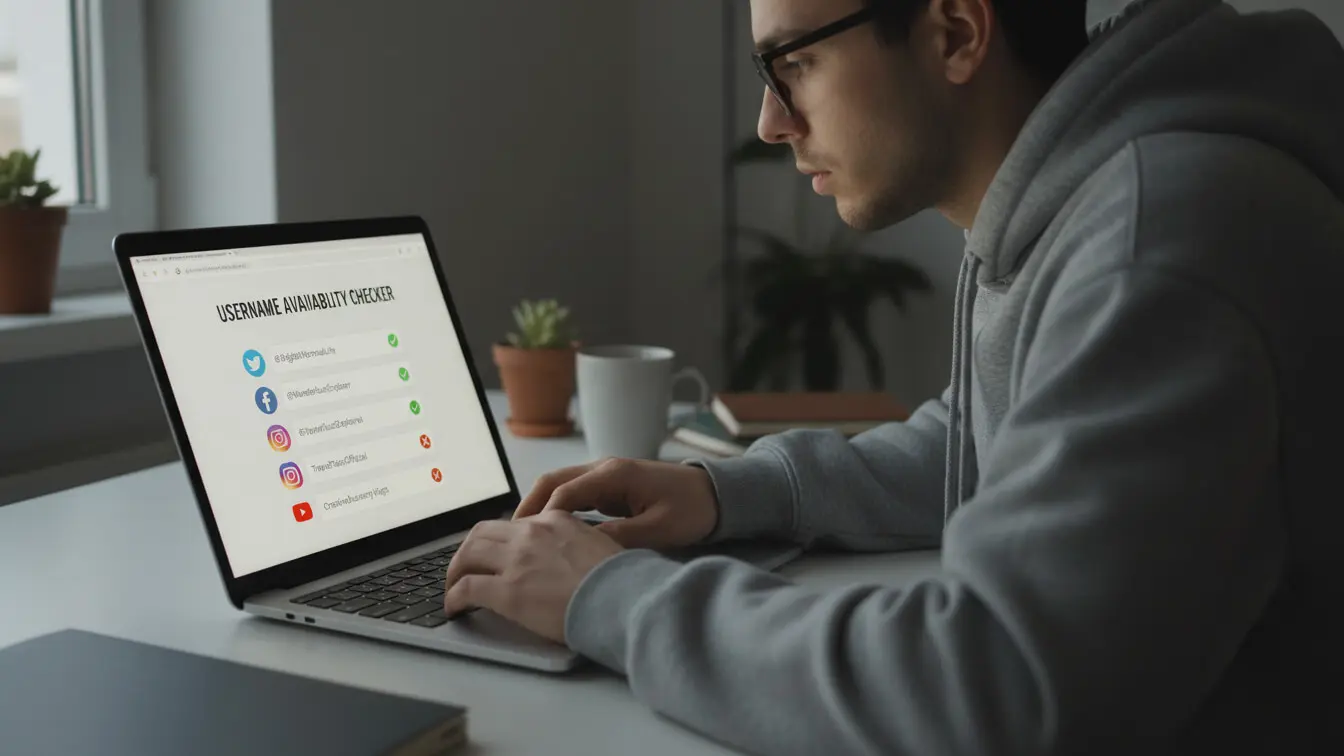 A person wearing glasses and a gray hoodie uses a laptop displaying a username availability checklist with creative options for female streamers seeking unique Twitch name ideas. Uploaded on aifreeforever.com