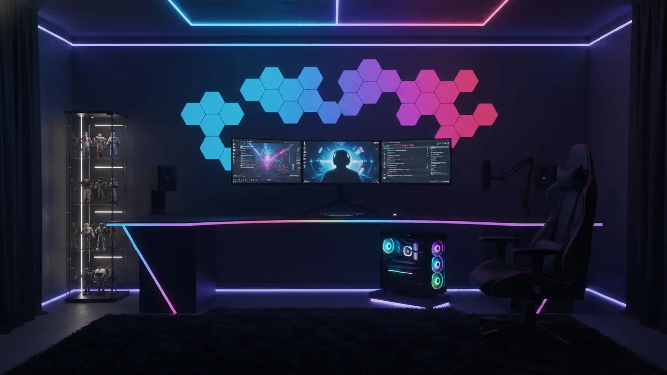 A modern gaming setup with dual monitors, a gaming PC, and hexagonal LED wall lights in blue and pink—ideal for female streamers seeking creative options—all illuminated by vibrant neon lighting. Uploaded on aifreeforever.com