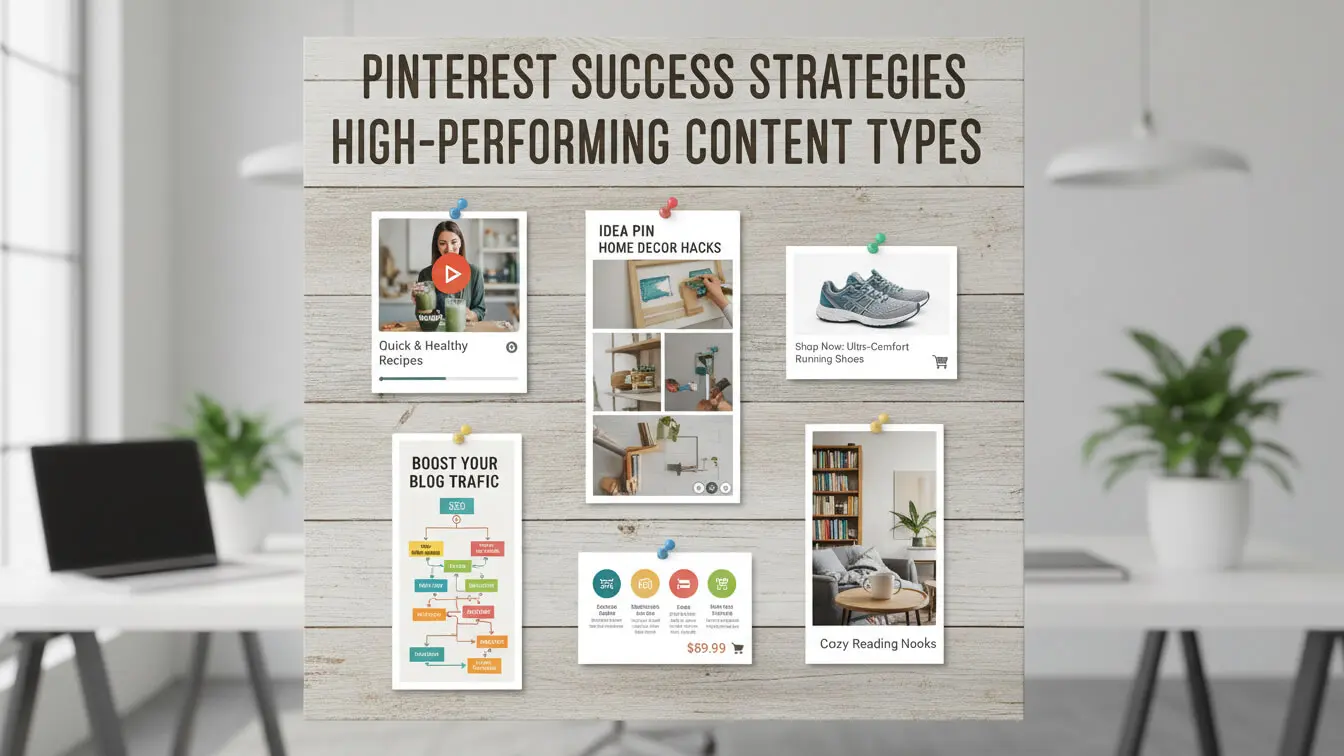 A collage on a wooden background displays Pinterest content examples with the heading “Pinterest Success Strategies High-Performing Content Types,” highlighting effective Pinterest SEO strategy to boost website traffic. Uploaded on aifreeforever.com