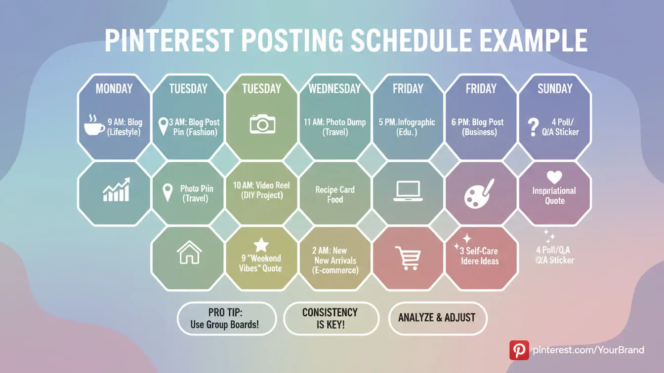 Pinterest posting schedule example with daily content suggestions and time slots for each weekday, designed to boost your Pinterest SEO strategy and drive traffic using blog posts, videos, recipe cards, infographics, and inspirational quotes. Uploaded on aifreeforever.com