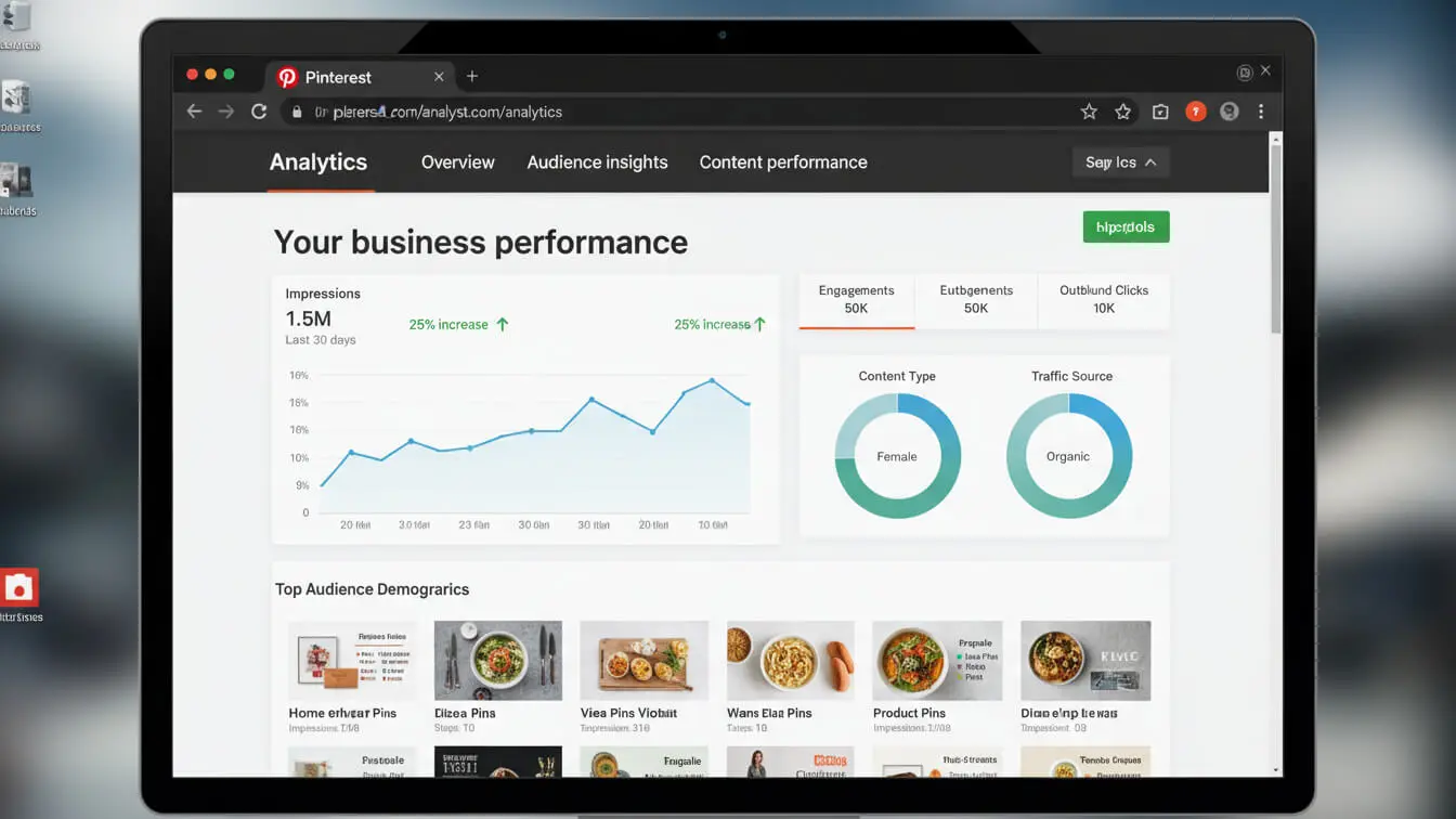 A laptop screen displays Pinterest Analytics, highlighting business performance metrics like impressions, engagement rate, content type, and top audience demographics—essential insights for refining your Pinterest SEO strategy to drive traffic in 2026. Uploaded on aifreeforever.com
