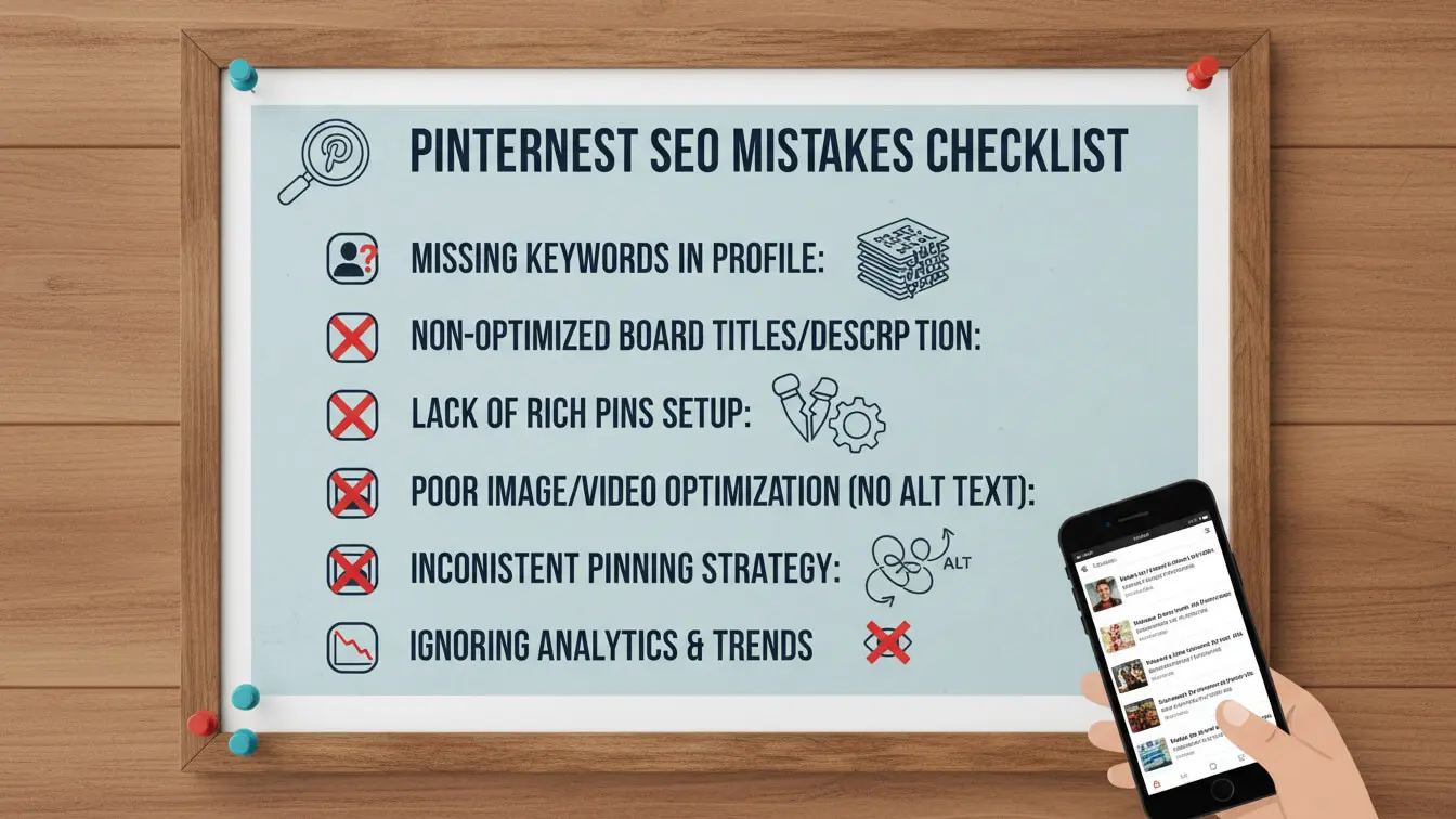 A checklist titled Pinterest SEO Mistakes lists six common errors with icons, perfect for refining your Pinterest SEO strategy. A hand holding a phone with the Pinterest app is visible in the lower right corner. Uploaded on aifreeforever.com