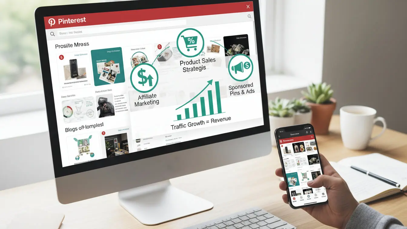 A person holds a smartphone showing Pinterest while viewing a Pinterest marketing dashboard with charts and icons on a desktop monitor, analyzing website traffic in a modern workspace. Uploaded on aifreeforever.com