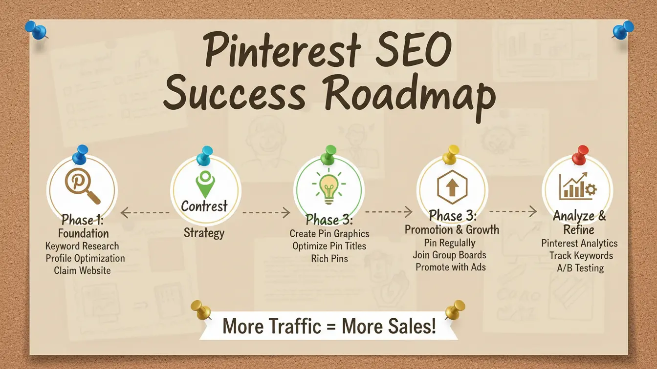 Pinterest SEO Success Roadmap infographic showing four phases: Foundation, Strategy, Pin Graphics, Promotion & Growth, then Analyze & Refine—designed to boost your Pinterest traffic and drive more website traffic and sales. Uploaded on aifreeforever.com