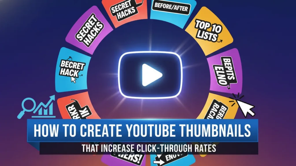 A graphic with a central play button surrounded by colorful cards labeled “Secret Hacks” and “Top 10 Lists.” Text below reads, “How to Create YouTube Thumbnails to Boost Click-Through Rates.”. Uploaded on aifreeforever.com