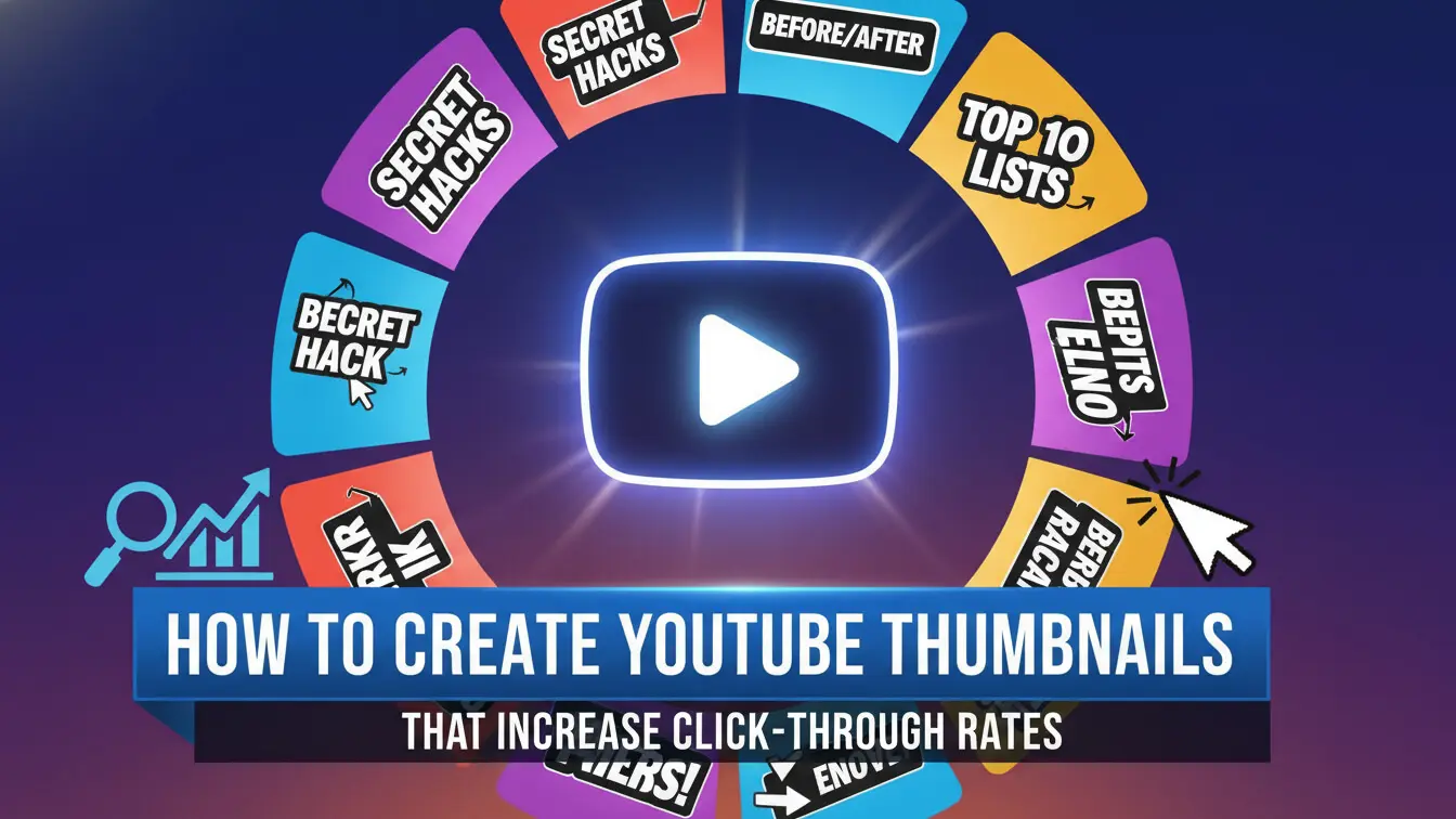 A graphic with a central play button surrounded by colorful cards labeled “Secret Hacks” and “Top 10 Lists.” Text below reads, “How to Create YouTube Thumbnails to Boost Click-Through Rates.”. Uploaded on aifreeforever.com