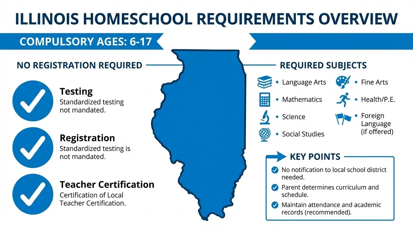 Infographic showing Illinois homeschooling requirements: no testing, registration, or teacher certification needed; required subjects listed; key notes on district notification and academic records per Illinois homeschooling laws. Uploaded on aifreeforever.com