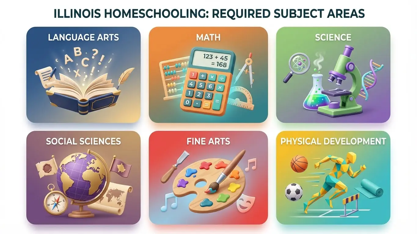 Six illustrated subject icons for homeschooling in Illinois: Language Arts, Math, Science, Social Sciences, Fine Arts, and Physical Development—each with related imagery and labels tailored to Illinois homeschooling laws. Uploaded on aifreeforever.com