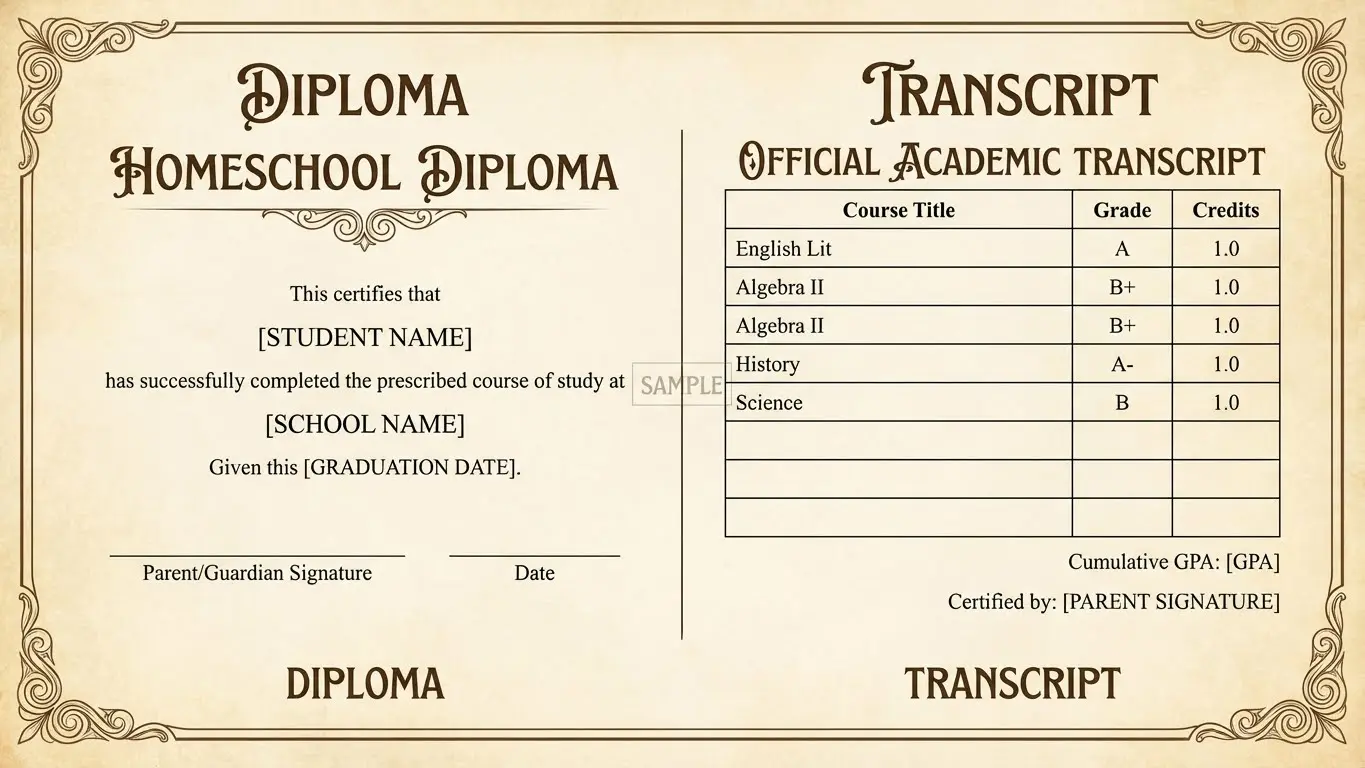 A homeschool diploma and official academic transcript meeting Illinois homeschooling laws, showing completed courses, grades, student name, school name, graduation date, signatures, and GPA. Uploaded on aifreeforever.com
