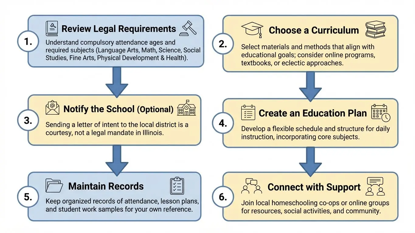 A six-step flowchart outlines the process of starting homeschooling in Illinois, including homeschooling requirements, curriculum choice, school notification, education plan, recordkeeping, and finding support. Uploaded on aifreeforever.com