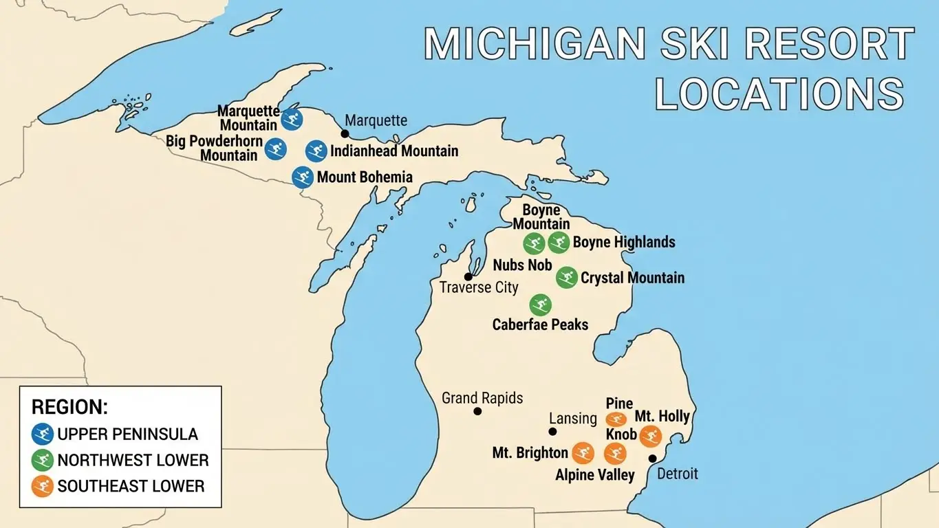 Map of Michigan highlighting 2026 ski resorts, grouped by region: Upper Peninsula, Northwest Lower, and Southeast Lower, with each resort marked by colored dots for easy reference. Uploaded on aifreeforever.com