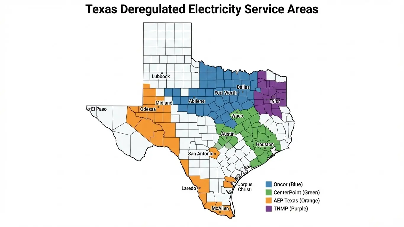 Map of Texas showing deregulated electricity service areas by provider—Oncor (blue), CenterPoint (green), AEP Texas (orange), and TNMP (purple); non-deregulated areas are white. Compare rates from top Electricity Providers in Texas. Uploaded on aifreeforever.com