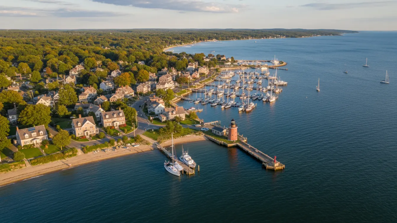 Aerial view of a coastal town with houses, a marina filled with boats, a small lighthouse on a pier, and a tree-lined shoreline—capturing the charm of the Connecticut housing market as we look ahead to the 2026 forecast. Uploaded on aifreeforever.com