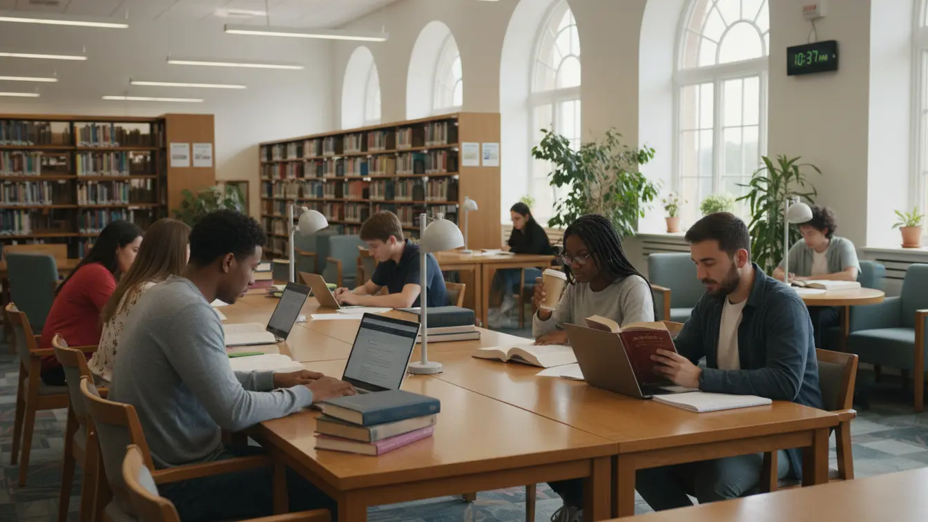 Students sit at tables in a library, reading books and using laptops—perhaps researching college costs or exploring the cheapest colleges in Nevada. Bookshelves and large windows are visible in the background. Uploaded on aifreeforever.com