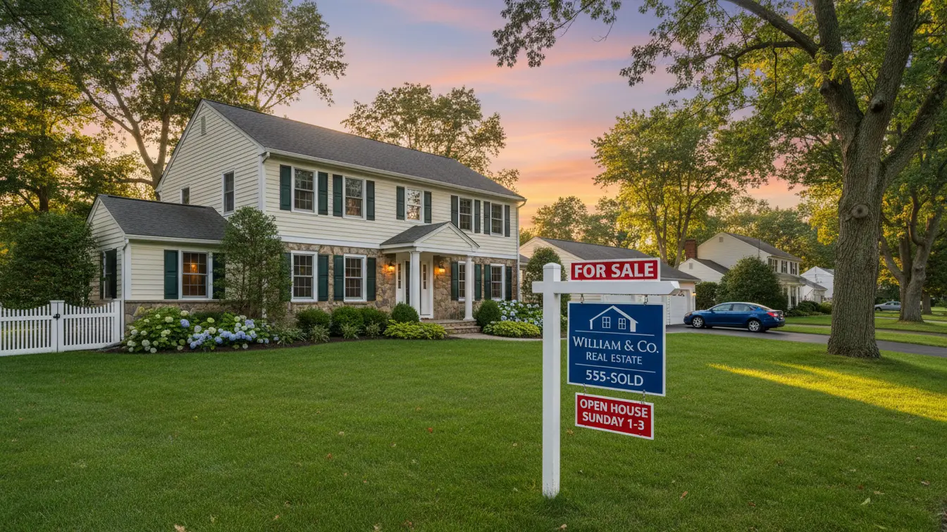 Two-story suburban house with shutters and a manicured lawn at sunset, featuring a For Sale sign and open house notice—perfect for buyers watching the Connecticut housing market or tracking Connecticut housing prices. Uploaded on aifreeforever.com