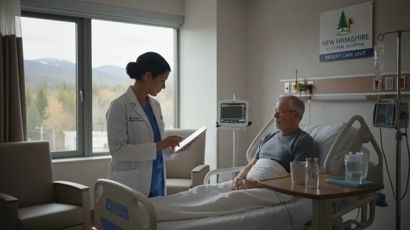 A doctor stands by a hospital bed, reviewing a chart with a seated male patient in a New Hampshire Regional Hospital room, where discussions often include topics like average salary New Hampshire and local healthcare trends. Uploaded on aifreeforever.com