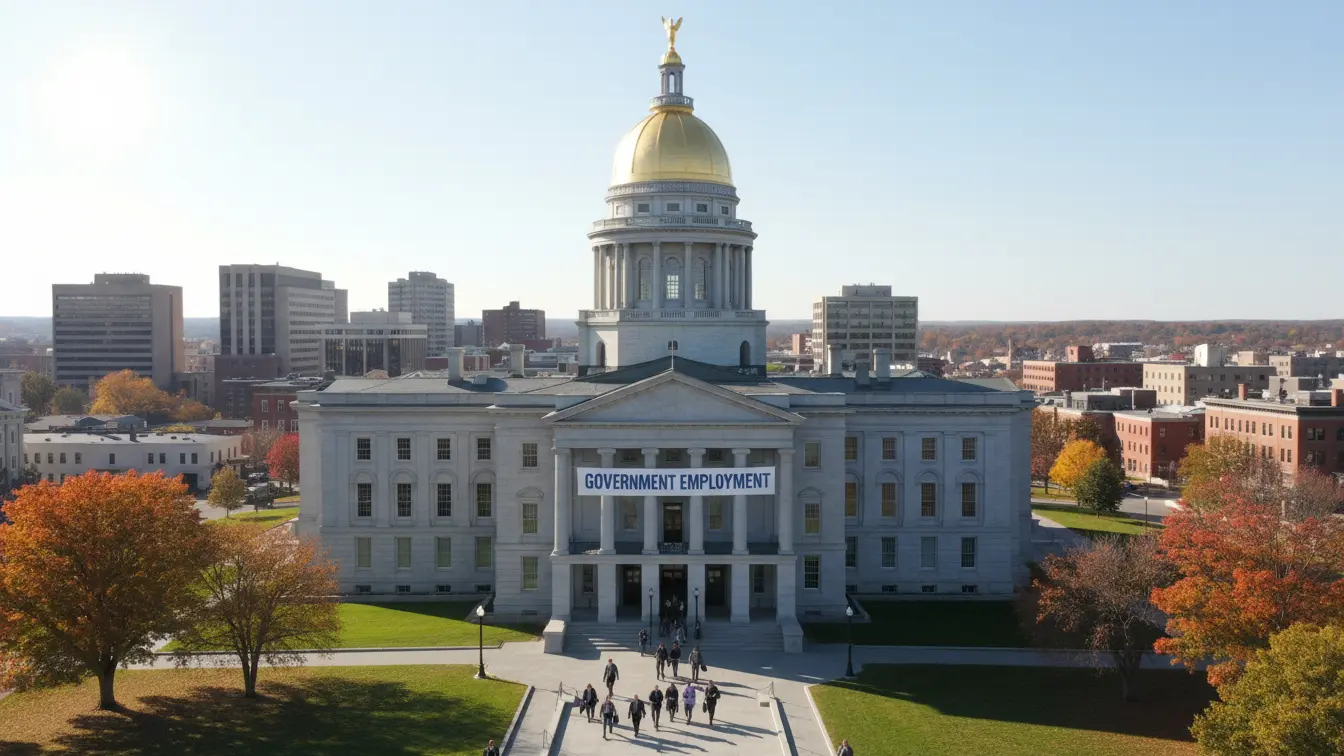 A large neoclassical government building with a gold dome, a Government Employment banner, and people walking toward the entrance on a sunny day, highlighting average salary New Hampshire opportunities for job seekers. Uploaded on aifreeforever.com