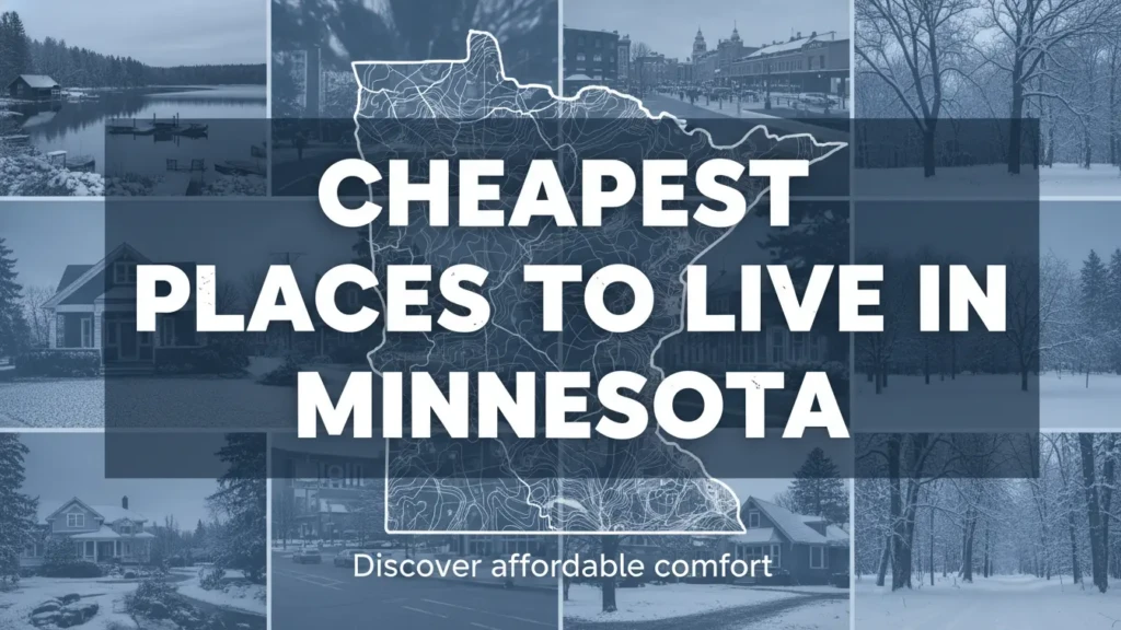 Text over a map of Minnesota reads Cheapest Places to Live in Minnesota 2026 with Discover affordable comfort below; background features various scenic views across the state. Uploaded on aifreeforever.com