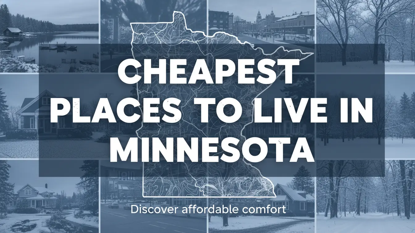 Text over a map of Minnesota reads Cheapest Places to Live in Minnesota 2026 with Discover affordable comfort below; background features various scenic views across the state. Uploaded on aifreeforever.com