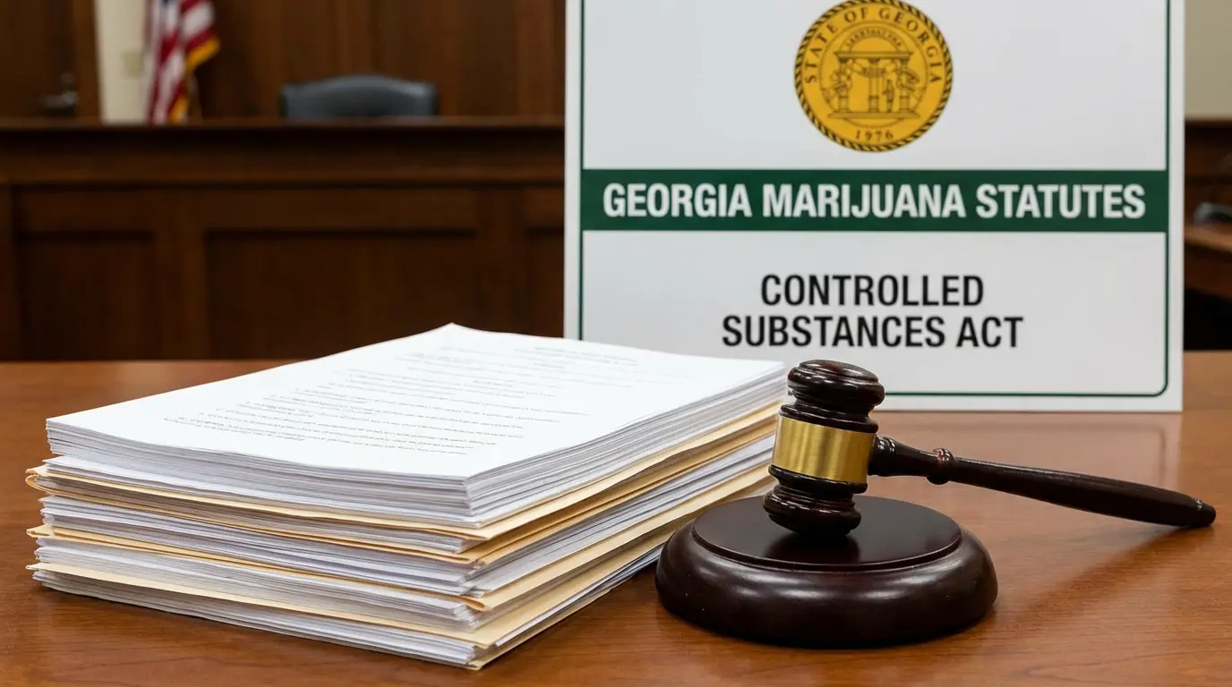 A gavel and a stack of documents sit on a table in front of a sign reading Georgia Marijuana Statutes: Controlled Substances Act, highlighting recent changes to Georgia Marijuana Laws in a courtroom setting. Uploaded on aifreeforever.com
