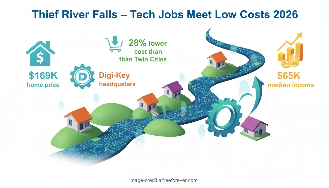 Infographic shows a tech-themed river winding through Minnesota’s Thief River Falls, spotlighting 2026 tech jobs, $169K home price, $65K median income, and 28% lower costs than the Twin Cities—one of the cheapest places to live. Uploaded on aifreeforever.com
