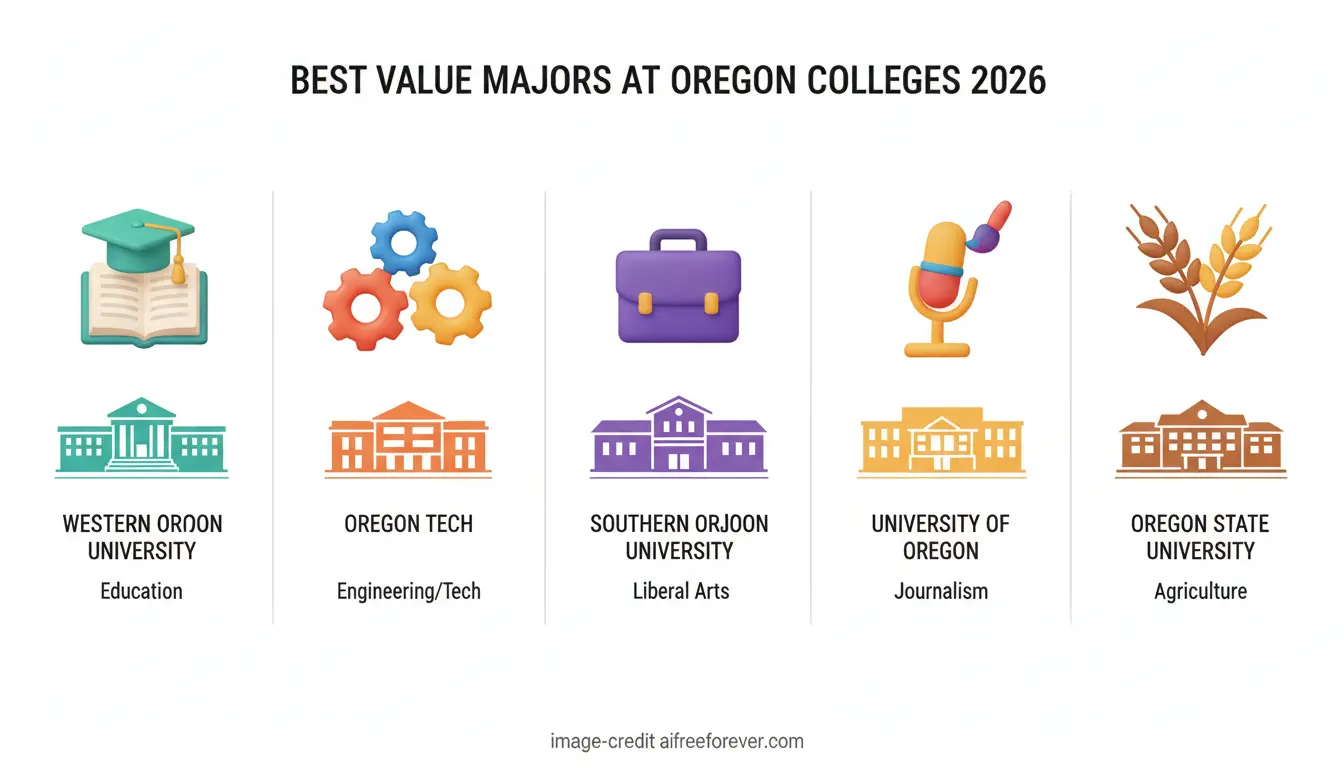 Infographic listing best value majors at Oregon Colleges 2026: Education, Engineering/Tech, Liberal Arts, Journalism, and Agriculture at five Affordable Colleges Oregon. Uploaded on aifreeforever.com